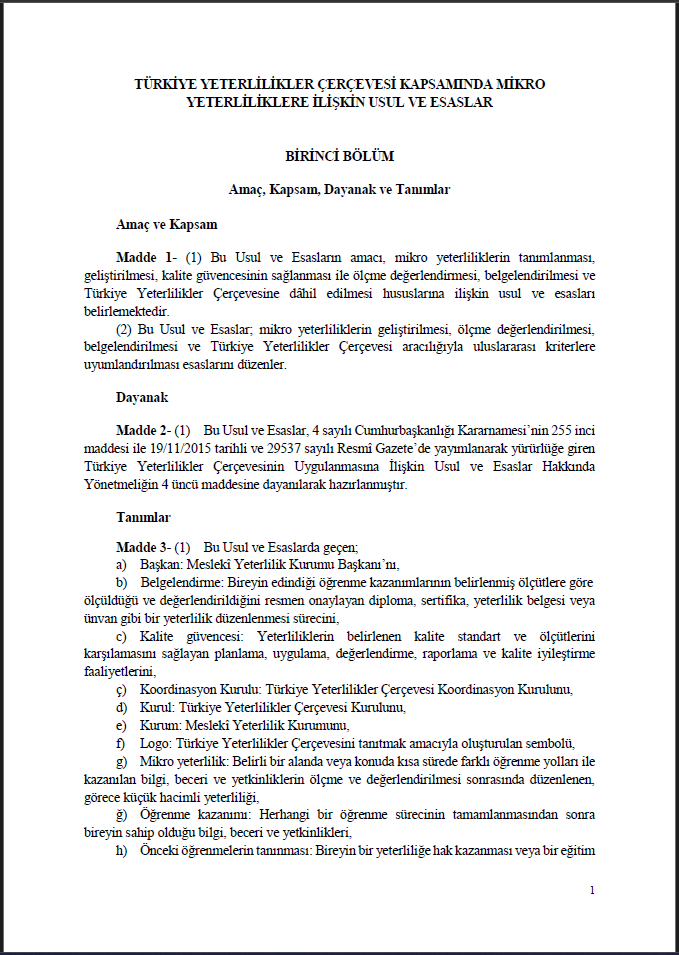 Türkiye Yeterlilikler Çerçevesi Kapsamında Mikro Yeterliliklere İlişkin Usul ve Esaslar